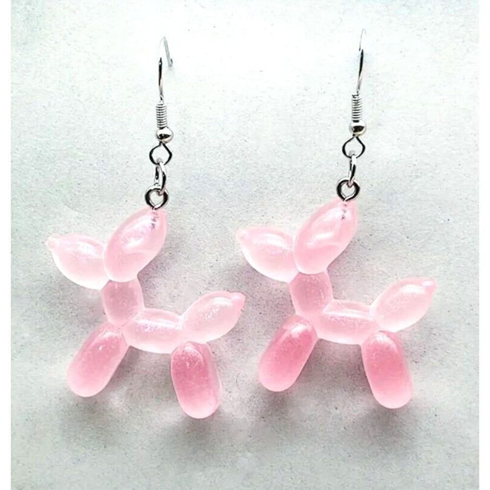 Clear Pink 3D Balloon Dog Dangle Earrings 1.33" x 1.33"